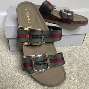 Madden Girl Green and Red Buckle Sandals